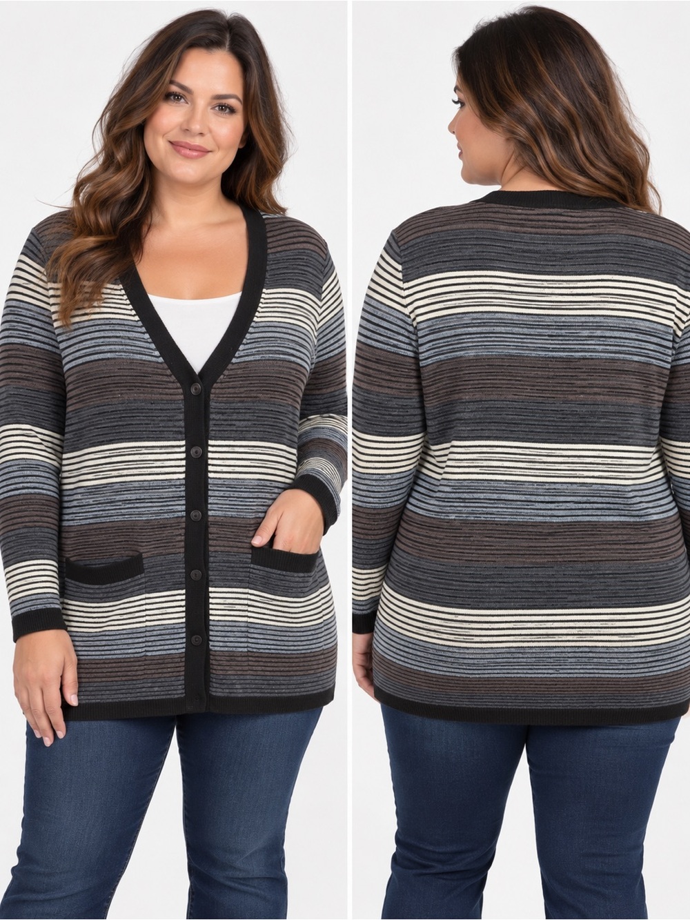Metrofive Women's Large Striped Longline Button Cardigan Sweater
